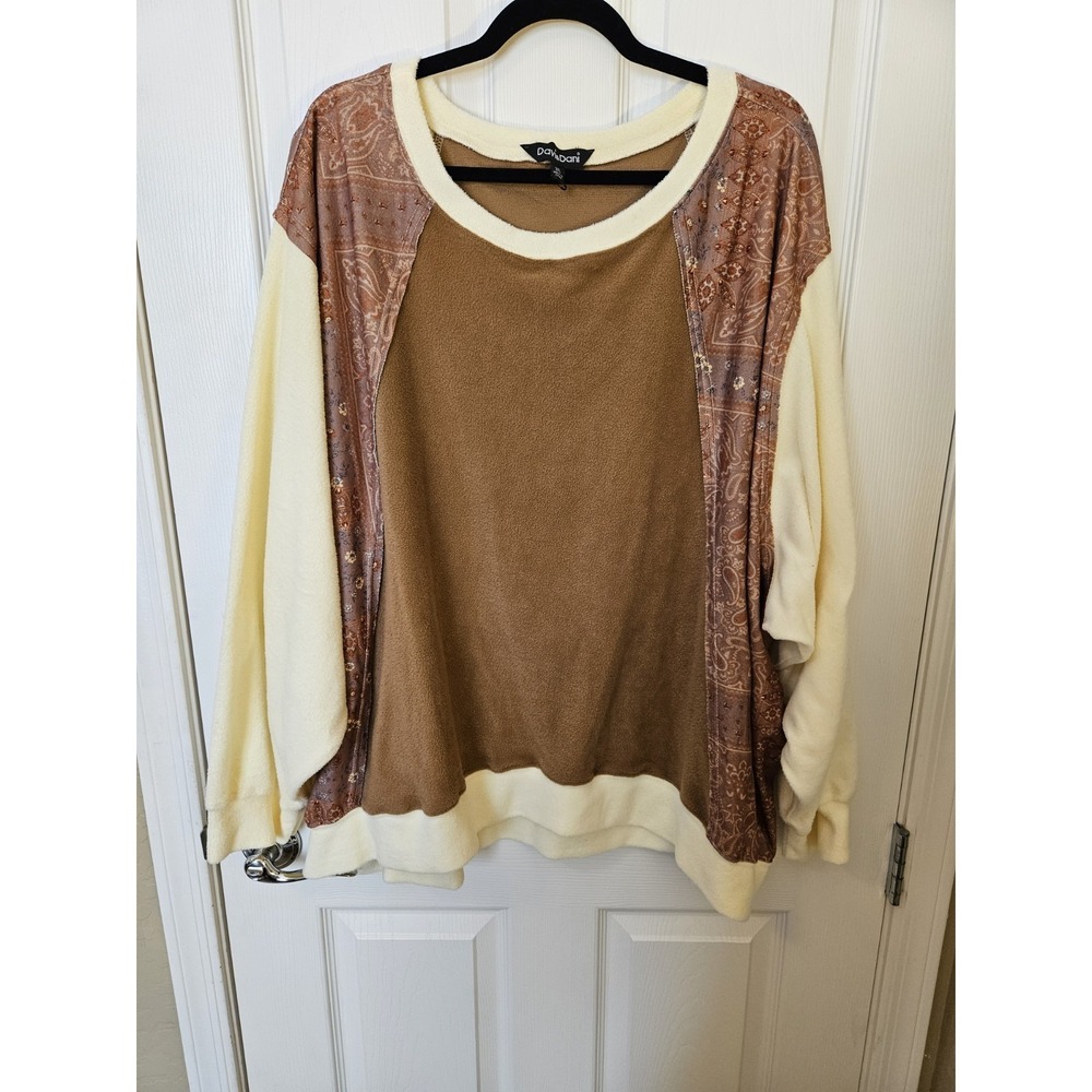 Davi & Dani Colorblock Pullover Paisley Sides Oversized Fleece Velvet, Plus 3X
